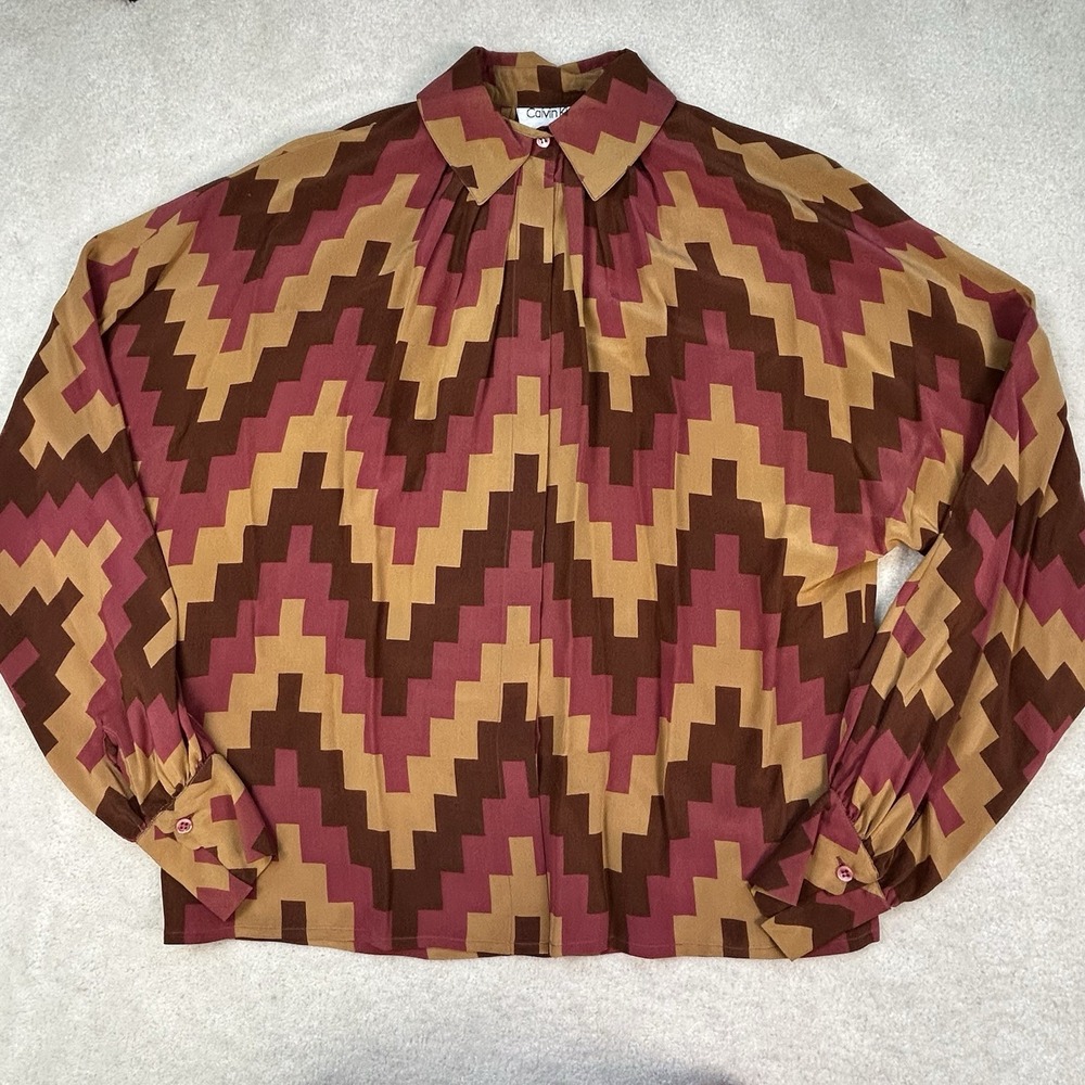 Calvin Klein VTG Women's 4 Geometric Print Button Shirt 100% Silk Chevron READ